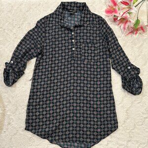 About A Girl - Navy & Purple Collared Flower Patterned Dress Tunic Buttons